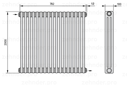 Схема (чертеж) Радиатор Zehnder Charleston 3200/17 №1670 Белый глянцевый RAL 9016